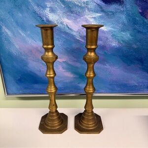 Pair Brass Candlesticks 11-inch Vintage Patina Candle Holder Home Decor MCM